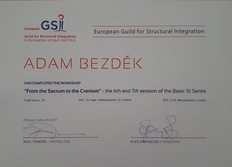 Certifikikát - GSI - From the Sacrum to the Cranium - the 6th and 7th session of the basic SI series - Adm Bezděk 2017