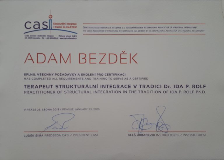 Certifikikát - CASI - Terapeut strukturální integrace v tradici Dr. Ida P. Rolf - Adm Bezděk 2015